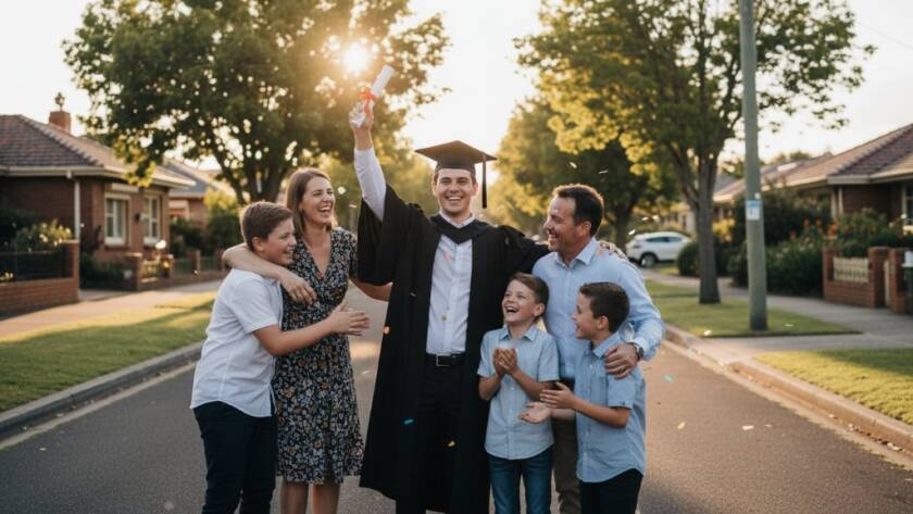 A joyous family celebrating a graduation in Hughesdale, with the graduate proudly holding their degree, surrounded by loving family members, bathed in warm, golden hour light, expertly captured as part of a professional Hughesdale graduation photography for families session.
