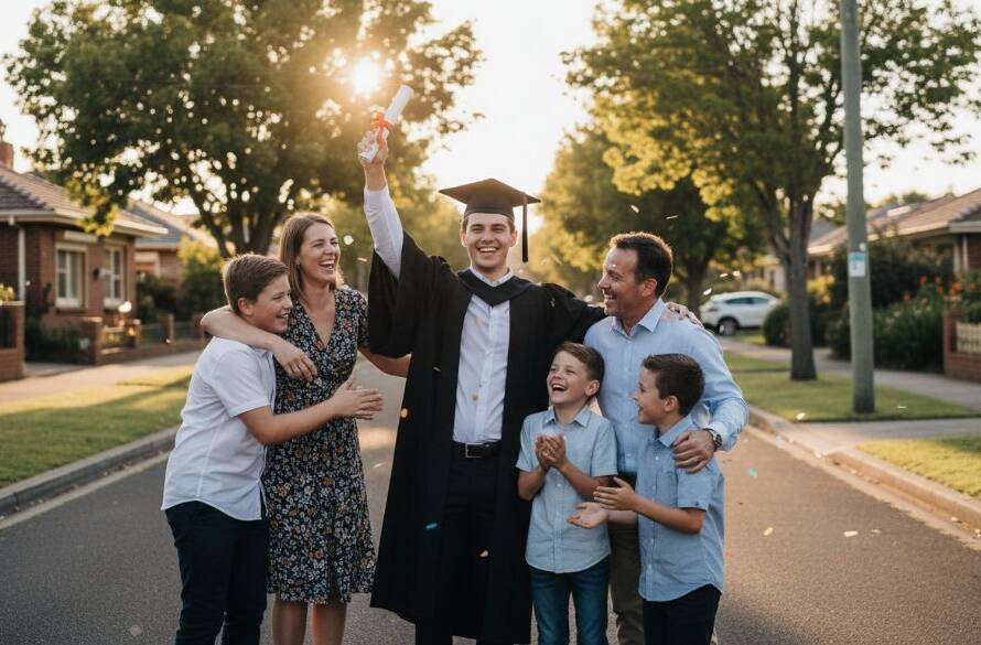 A joyous family celebrating a graduation in Hughesdale, with the graduate proudly holding their degree, surrounded by loving family members, bathed in warm, golden hour light, expertly captured as part of a professional Hughesdale graduation photography for families session.