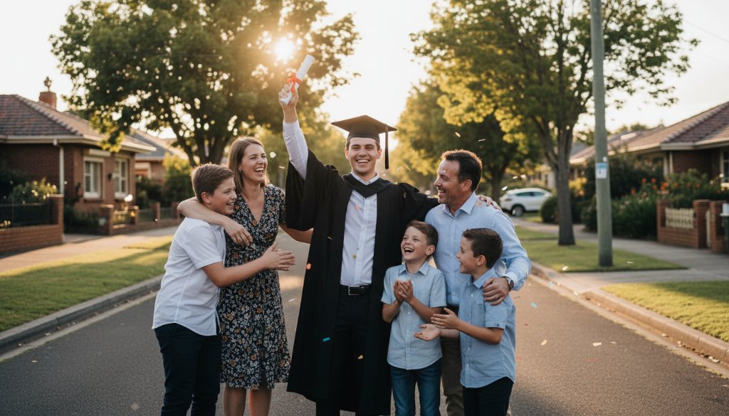 A joyous family celebrating a graduation in Hughesdale, with the graduate proudly holding their degree, surrounded by loving family members, bathed in warm, golden hour light, expertly captured as part of a professional Hughesdale graduation photography for families session.