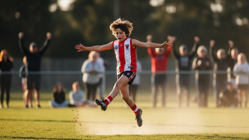 A dramatically lit, close-up shot of a young athlete scoring a goal during a soccer match in Forest Hill, showcasing the intense focus and celebratory emotion, captured with professional junior sports photography Forest Hill techniques and vibrant colour grading.