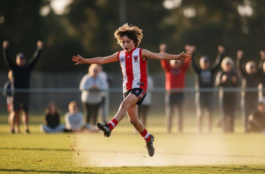 A dramatically lit, close-up shot of a young athlete scoring a goal during a soccer match in Forest Hill, showcasing the intense focus and celebratory emotion, captured with professional junior sports photography Forest Hill techniques and vibrant colour grading.