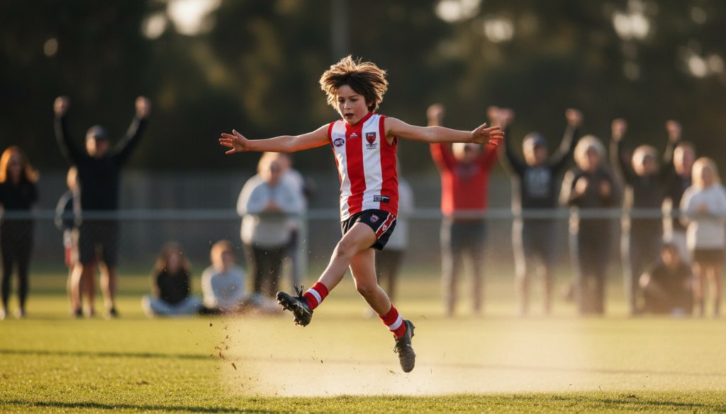 A dramatically lit, close-up shot of a young athlete scoring a goal during a soccer match in Forest Hill, showcasing the intense focus and celebratory emotion, captured with professional junior sports photography Forest Hill techniques and vibrant colour grading.