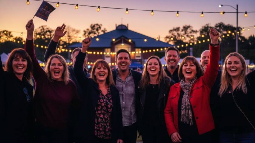 An epic moment of joy captured at a vibrant outdoor community celebration in Kealba, featuring a group of people laughing and cheering under string lights, beautifully lit by golden hour light, showcasing professional Kealba event photography for memorable celebrations.
