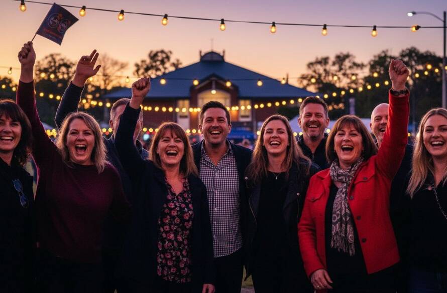 An epic moment of joy captured at a vibrant outdoor community celebration in Kealba, featuring a group of people laughing and cheering under string lights, beautifully lit by golden hour light, showcasing professional Kealba event photography for memorable celebrations.