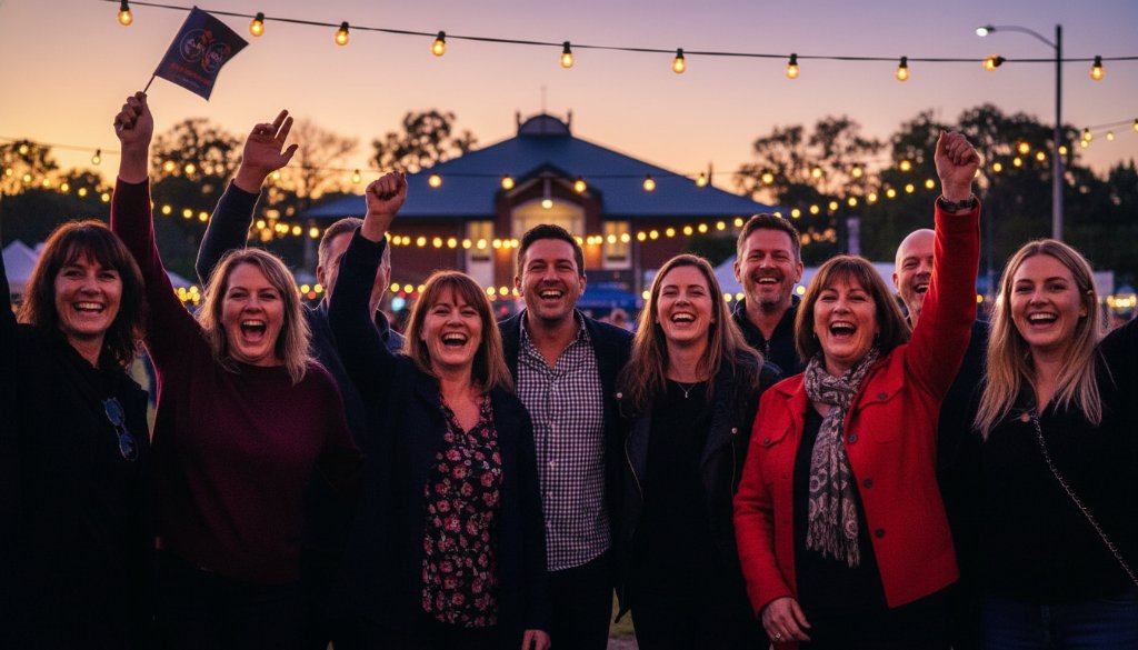 An epic moment of joy captured at a vibrant outdoor community celebration in Kealba, featuring a group of people laughing and cheering under string lights, beautifully lit by golden hour light, showcasing professional Kealba event photography for memorable celebrations.