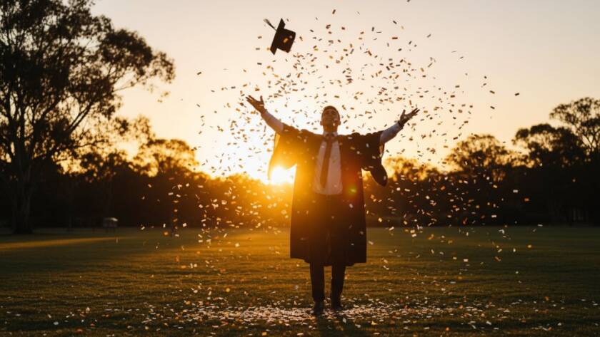 A jubilant graduate, adorned in cap and gown, tosses their mortarboard into the air against a vibrant sunset sky over a treelined park in Knoxfield, capturing professional Knoxfield graduation photography portraits with an epic, celebratory energy and dramatic lighting.