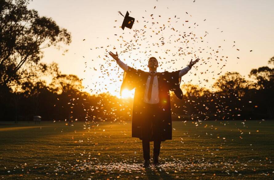 A jubilant graduate, adorned in cap and gown, tosses their mortarboard into the air against a vibrant sunset sky over a treelined park in Knoxfield, capturing professional Knoxfield graduation photography portraits with an epic, celebratory energy and dramatic lighting.