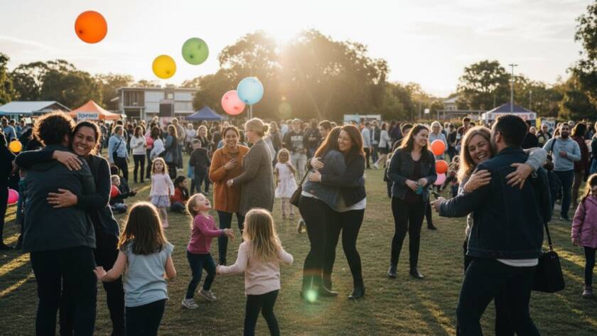 A wide-angle, vibrant photograph showcasing professional Laverton event photography for community celebrations, capturing a joyful group of diverse residents laughing and high-fiving in a park, with Laverton landmarks subtly in the background under golden hour light, portraying an epic moment of community spirit.