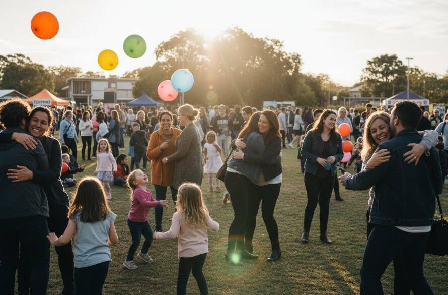 A wide-angle, vibrant photograph showcasing professional Laverton event photography for community celebrations, capturing a joyful group of diverse residents laughing and high-fiving in a park, with Laverton landmarks subtly in the background under golden hour light, portraying an epic moment of community spirit.