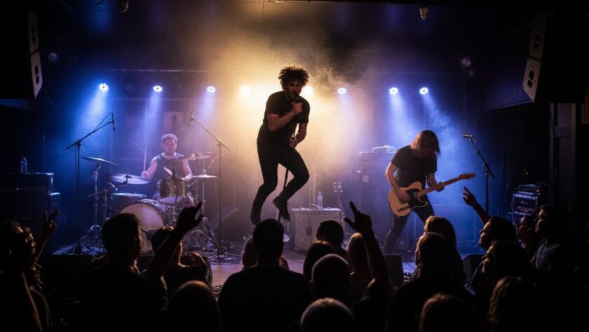 Dynamic wide shot of a band performing on stage in a dimly lit Geelong West venue, a lead singer captured mid-jump with arms outstretched, illuminated by a dramatic purple spotlight and surrounded by an energetic crowd, perfectly showcasing professional live music photography Geelong West captivating concert moments.
