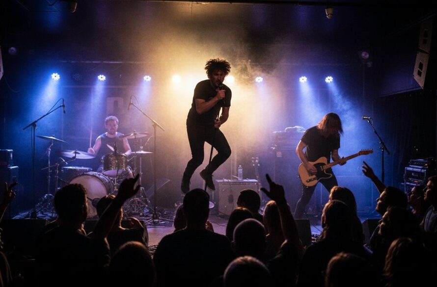 Dynamic wide shot of a band performing on stage in a dimly lit Geelong West venue, a lead singer captured mid-jump with arms outstretched, illuminated by a dramatic purple spotlight and surrounded by an energetic crowd, perfectly showcasing professional live music photography Geelong West captivating concert moments.