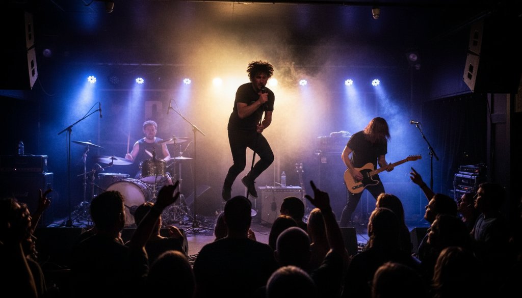 Dynamic wide shot of a band performing on stage in a dimly lit Geelong West venue, a lead singer captured mid-jump with arms outstretched, illuminated by a dramatic purple spotlight and surrounded by an energetic crowd, perfectly showcasing professional live music photography Geelong West captivating concert moments.