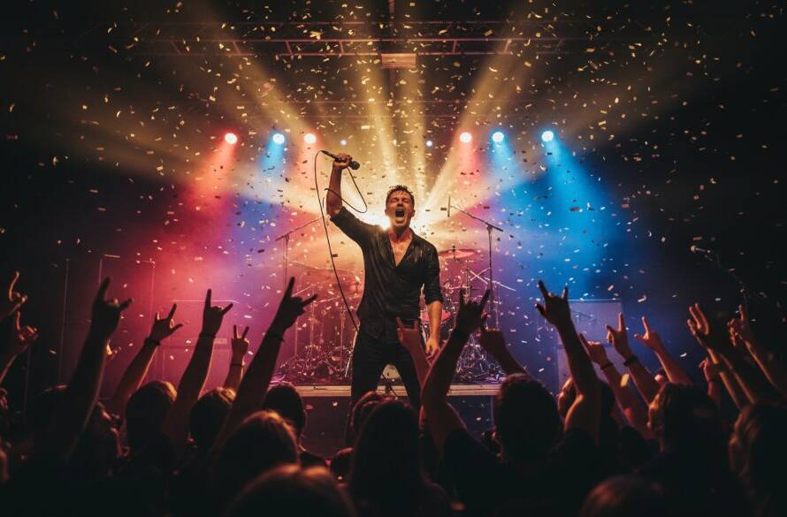 An epic moment of a lead guitarist shredding on stage under dramatic blue and purple stage lights, captured through professional live music photography Glen Iris, evoking the raw energy of a live performance.