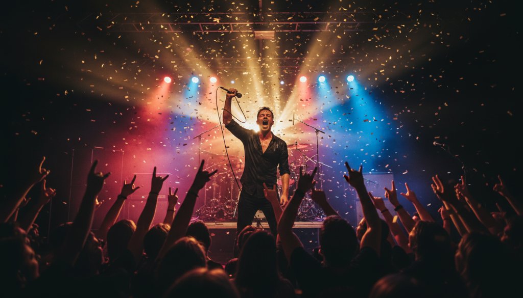 An epic moment of a lead guitarist shredding on stage under dramatic blue and purple stage lights, captured through professional live music photography Glen Iris, evoking the raw energy of a live performance.