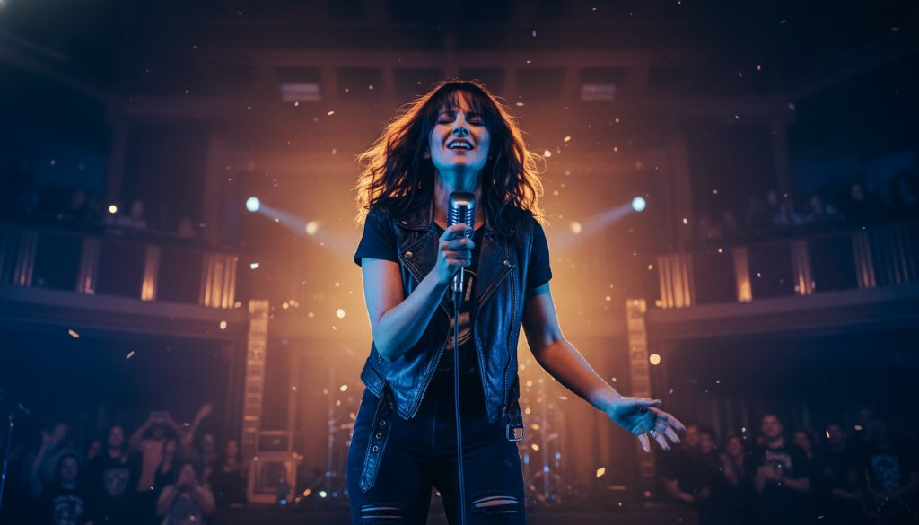 A dynamic, wide-angle shot of a lead guitarist in full flight during an intense performance, bathed in dramatic magenta stage lights at a historic Hepburn Springs iconic venue, perfectly illustrating professional live music photography Hepburn Springs iconic venues.