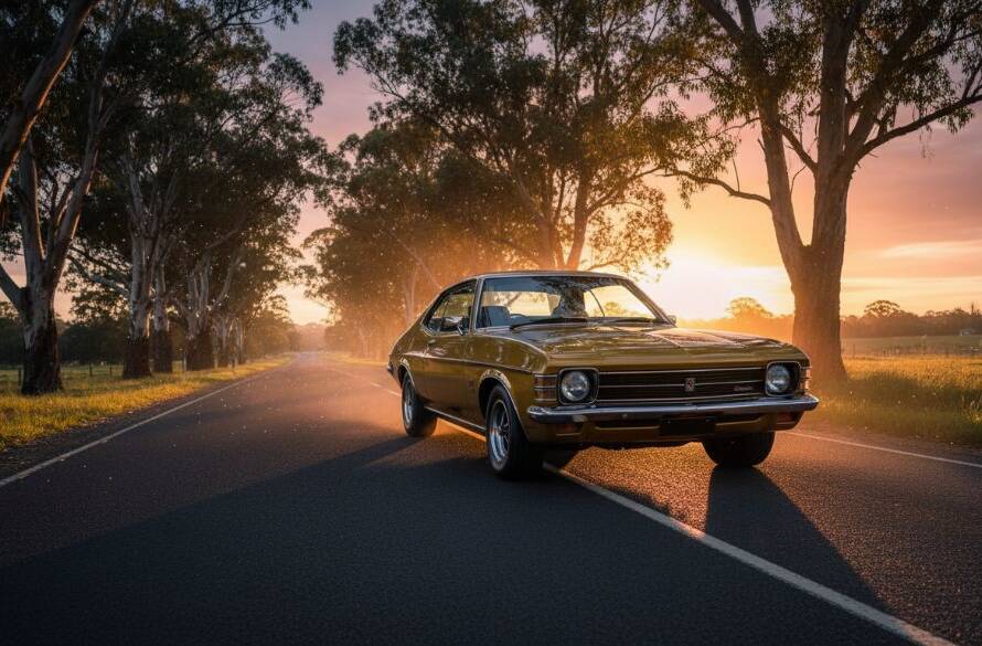A sleek, black classic sports car dramatically illuminated by golden hour light, parked on a winding tree-lined road in Park Orchards, captured during a professional luxury car photoshoot Park Orchards by Image by SD, showcasing its elegant lines and powerful presence.