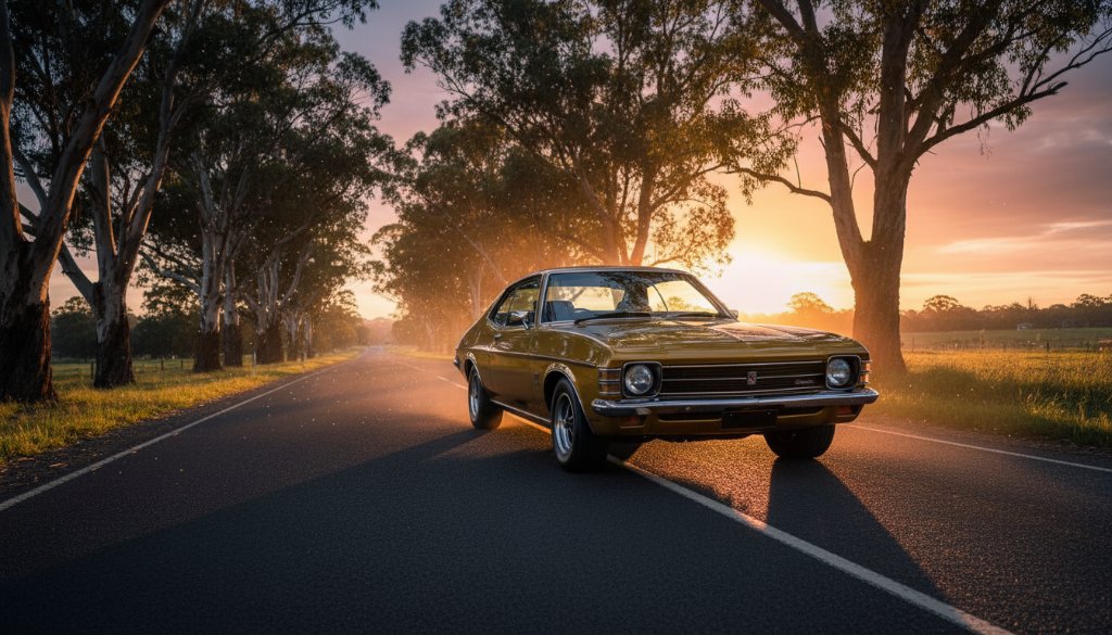 A sleek, black classic sports car dramatically illuminated by golden hour light, parked on a winding tree-lined road in Park Orchards, captured during a professional luxury car photoshoot Park Orchards by Image by SD, showcasing its elegant lines and powerful presence.
