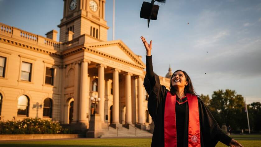 A proud graduate in a cap and gown, framed by the beautiful historic architecture of Malvern, Victoria, holding their degree aloft at sunset, captured in professional Malvern Victoria graduation portraits, with golden hour light illuminating their joyful expression.