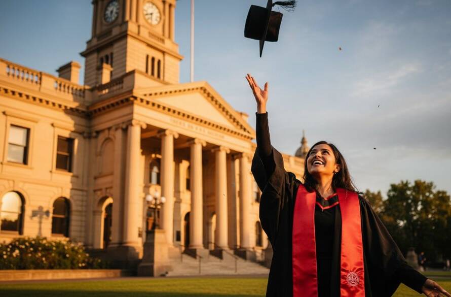 A proud graduate in a cap and gown, framed by the beautiful historic architecture of Malvern, Victoria, holding their degree aloft at sunset, captured in professional Malvern Victoria graduation portraits, with golden hour light illuminating their joyful expression.