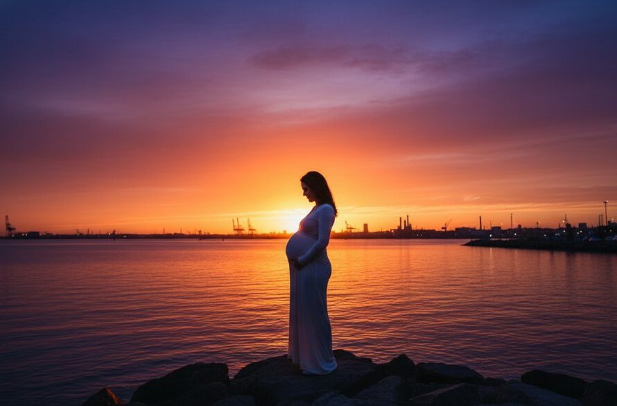 An expectant mother, beautifully silhouetted against a dramatic sunset over Corio Bay in North Geelong, Victoria, embracing her baby bump. This professional maternity photography North Geelong Victoria captures an epic, emotionally resonant moment with cinematic lighting and deep, rich colours.