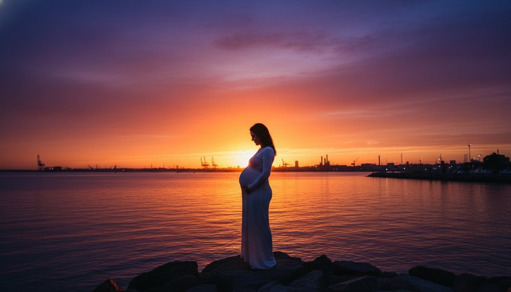 An expectant mother, beautifully silhouetted against a dramatic sunset over Corio Bay in North Geelong, Victoria, embracing her baby bump. This professional maternity photography North Geelong Victoria captures an epic, emotionally resonant moment with cinematic lighting and deep, rich colours.