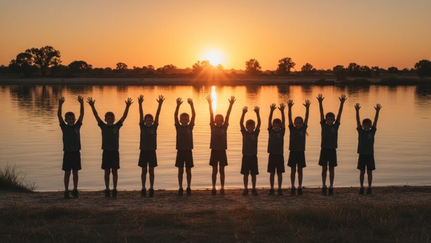 Professional Merbein school event photography capturing candid joy, showing a group of primary school children in Merbein celebrating an achievement with hands in the air, silhouetted against a golden afternoon sun setting over the Murray River, evoking a sense of pure, unbridled happiness and community spirit.