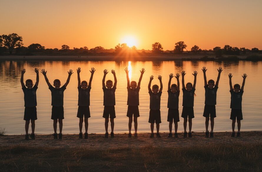 Professional Merbein school event photography capturing candid joy, showing a group of primary school children in Merbein celebrating an achievement with hands in the air, silhouetted against a golden afternoon sun setting over the Murray River, evoking a sense of pure, unbridled happiness and community spirit.
