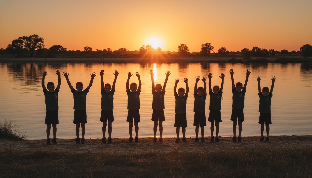 Professional Merbein school event photography capturing candid joy, showing a group of primary school children in Merbein celebrating an achievement with hands in the air, silhouetted against a golden afternoon sun setting over the Murray River, evoking a sense of pure, unbridled happiness and community spirit.