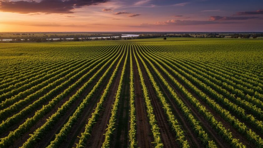 An epic aerial shot showcasing the vast, sun-drenched rows of a Merbein vineyard at golden hour, captured with professional Merbein vineyard drone photography, with the Murray River gently winding in the distance under a dramatic sky.
