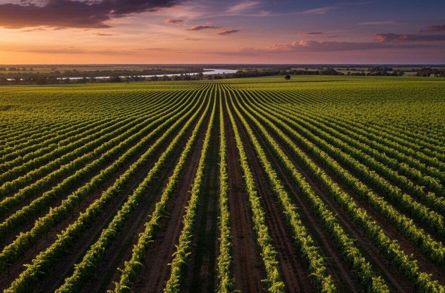 An epic aerial shot showcasing the vast, sun-drenched rows of a Merbein vineyard at golden hour, captured with professional Merbein vineyard drone photography, with the Murray River gently winding in the distance under a dramatic sky.