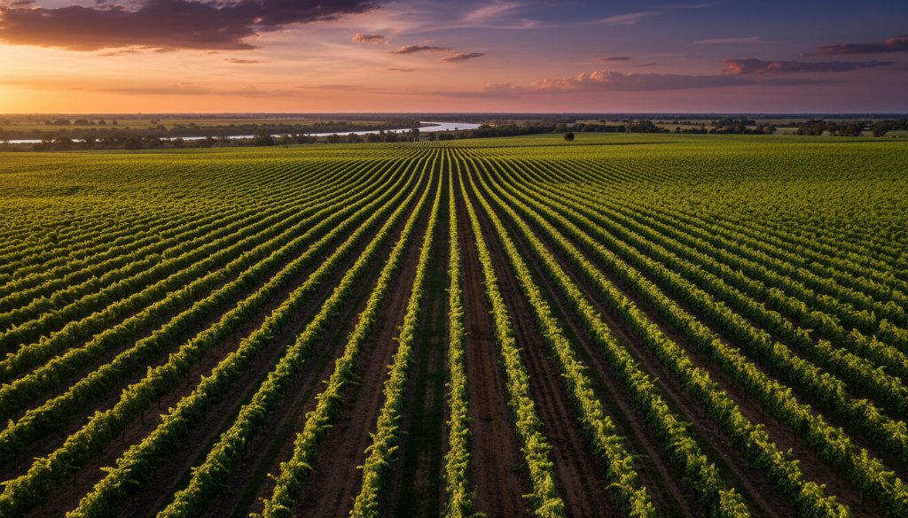 An epic aerial shot showcasing the vast, sun-drenched rows of a Merbein vineyard at golden hour, captured with professional Merbein vineyard drone photography, with the Murray River gently winding in the distance under a dramatic sky.