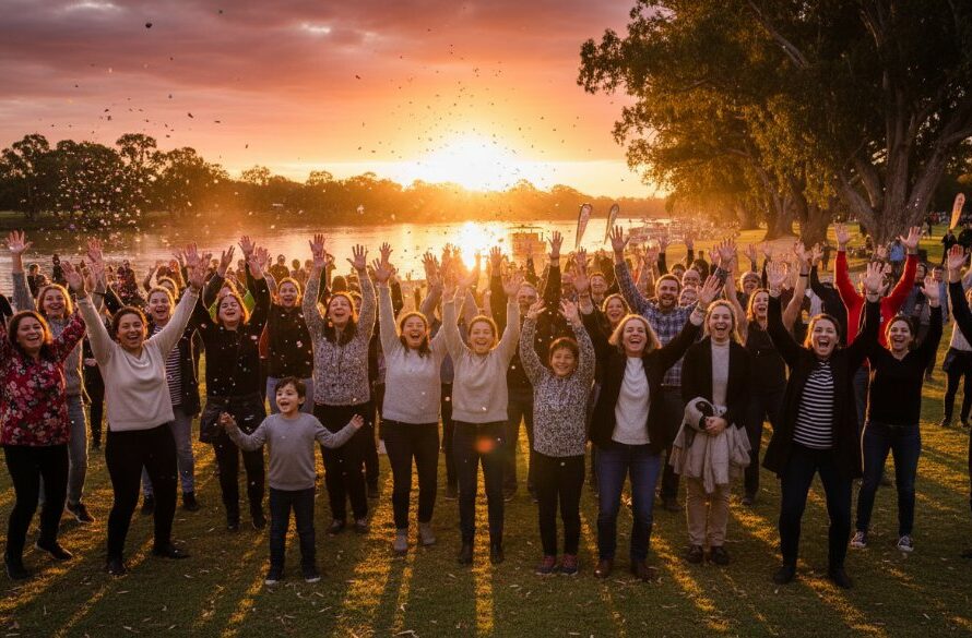 A professional Mildura event photography shot capturing the vibrant celebration of a community festival in Mildura, Victoria, with a group of people cheering enthusiastically under a warm evening sky, showcasing a moment of pure joy and connection.