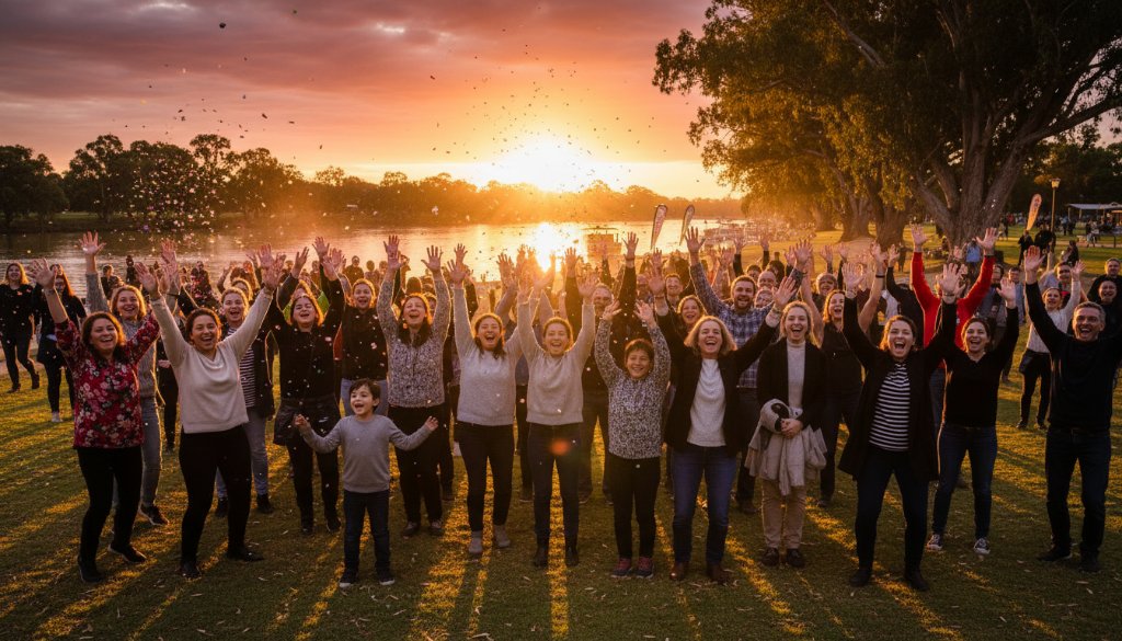 A professional Mildura event photography shot capturing the vibrant celebration of a community festival in Mildura, Victoria, with a group of people cheering enthusiastically under a warm evening sky, showcasing a moment of pure joy and connection.