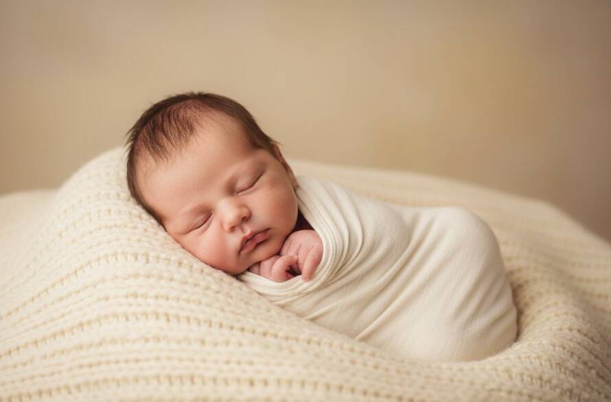 A tender, close-up photograph capturing the serene face of a sleeping newborn baby, swaddled in soft fabric, bathed in warm, gentle sunlight filtering through a window in Springvale South, embodying professional newborn baby photography Springvale South.