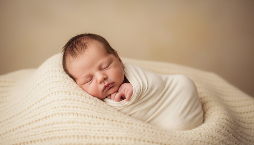 A tender, close-up photograph capturing the serene face of a sleeping newborn baby, swaddled in soft fabric, bathed in warm, gentle sunlight filtering through a window in Springvale South, embodying professional newborn baby photography Springvale South.