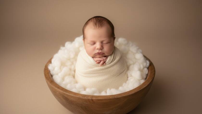 A tender, cinematic close-up of a sleeping newborn baby wrapped in soft cream fabric, held gently by unseen parents' hands against a softly blurred, warm-toned background, illustrating professional newborn photography Albion Victoria studio artistry. Dramatic rim lighting highlights the baby's delicate features and tiny fingers, conveying a moment of pure serenity and love.
