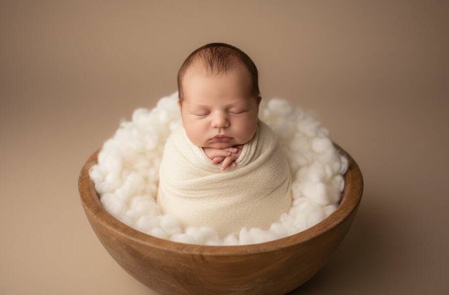 A tender, cinematic close-up of a sleeping newborn baby wrapped in soft cream fabric, held gently by unseen parents' hands against a softly blurred, warm-toned background, illustrating professional newborn photography Albion Victoria studio artistry. Dramatic rim lighting highlights the baby's delicate features and tiny fingers, conveying a moment of pure serenity and love.
