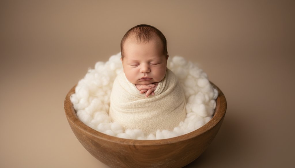 A tender, cinematic close-up of a sleeping newborn baby wrapped in soft cream fabric, held gently by unseen parents' hands against a softly blurred, warm-toned background, illustrating professional newborn photography Albion Victoria studio artistry. Dramatic rim lighting highlights the baby's delicate features and tiny fingers, conveying a moment of pure serenity and love.