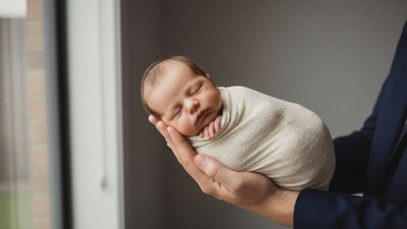 A heartwarming, professionally colour-graded photograph capturing an 'epic moment' of a serene newborn baby wrapped in soft fabric, gently cradled in a parent's hands, bathed in dramatic, soft window light in a modern Box Hill home, showcasing professional newborn photography Box Hill Victoria.