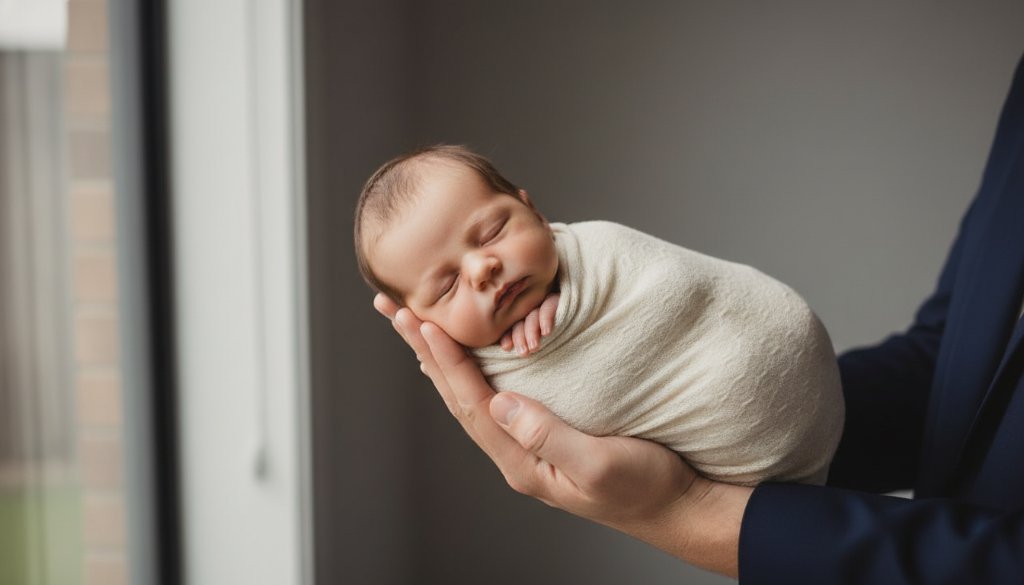 A heartwarming, professionally colour-graded photograph capturing an 'epic moment' of a serene newborn baby wrapped in soft fabric, gently cradled in a parent's hands, bathed in dramatic, soft window light in a modern Box Hill home, showcasing professional newborn photography Box Hill Victoria.