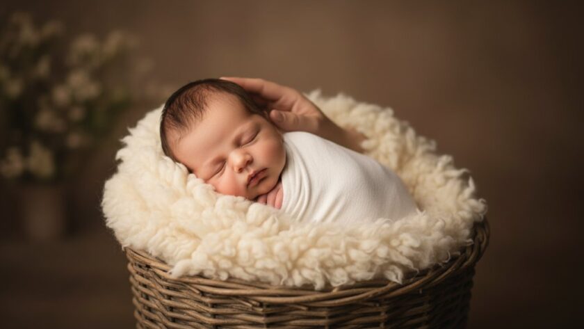 An 'epic moment' of professional newborn photography Mooroopna capturing first memories, featuring a peacefully sleeping baby swaddled in soft fabrics, cradled in a parent's hands, illuminated by a warm, golden, cinematic light, evoking tenderness and new beginnings.