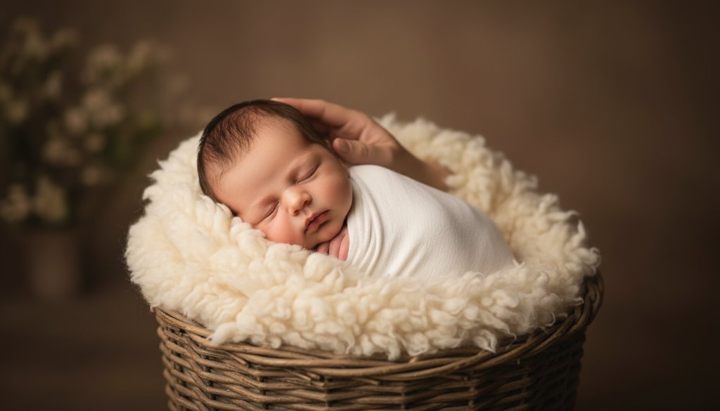 An 'epic moment' of professional newborn photography Mooroopna capturing first memories, featuring a peacefully sleeping baby swaddled in soft fabrics, cradled in a parent's hands, illuminated by a warm, golden, cinematic light, evoking tenderness and new beginnings.