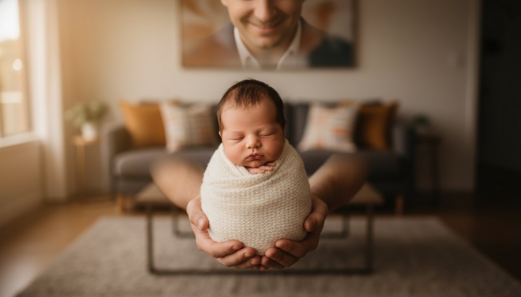 A heartwarming and professional newborn photography Mount Waverley family keepsakes portrait, capturing a baby peacefully sleeping in a gentle, warm light, with parents' hands softly cradling them, evoking a sense of protective love and new beginnings, against a softly blurred, elegant Mount Waverley home setting. This epic moment is beautifully color-graded with a soft, cinematic feel.