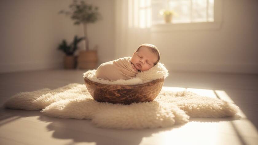 A breathtaking, wide-angle shot of a tiny newborn baby, swaddled in soft cream fabric, peacefully asleep on a plush, textured blanket, gently held in the hands of a parent. The scene is bathed in warm, soft, golden hour light filtering through a window overlooking a serene Sandhurst lake at dawn, creating a halo effect around the baby. The image evokes a sense of immense peace and new beginnings, expertly capturing professional newborn photography Sandhurst Victoria sessions with cinematic colour grading.