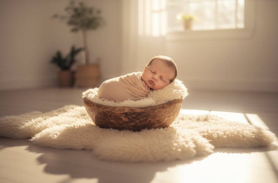 A breathtaking, wide-angle shot of a tiny newborn baby, swaddled in soft cream fabric, peacefully asleep on a plush, textured blanket, gently held in the hands of a parent. The scene is bathed in warm, soft, golden hour light filtering through a window overlooking a serene Sandhurst lake at dawn, creating a halo effect around the baby. The image evokes a sense of immense peace and new beginnings, expertly capturing professional newborn photography Sandhurst Victoria sessions with cinematic colour grading.