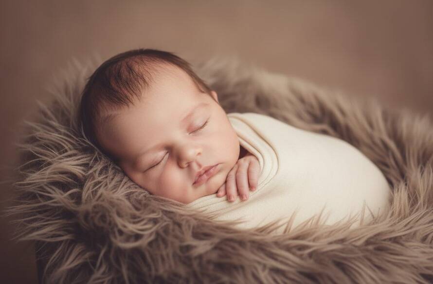 An emotionally resonant, dreamlike photograph of a newborn baby gently swaddled in a soft grey blanket, nestled in a rustic wooden basket with delicate floral accents, bathed in a soft, ethereal light from a large studio window. The baby is sleeping peacefully, capturing an epic moment of innocence. This image represents professional newborn studio photography for Beaconsfield families, highlighting warmth and serene beauty with dramatic lighting and professional colour grading.
