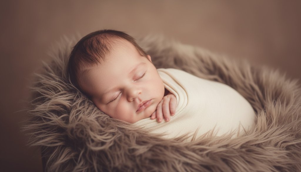 An emotionally resonant, dreamlike photograph of a newborn baby gently swaddled in a soft grey blanket, nestled in a rustic wooden basket with delicate floral accents, bathed in a soft, ethereal light from a large studio window. The baby is sleeping peacefully, capturing an epic moment of innocence. This image represents professional newborn studio photography for Beaconsfield families, highlighting warmth and serene beauty with dramatic lighting and professional colour grading.