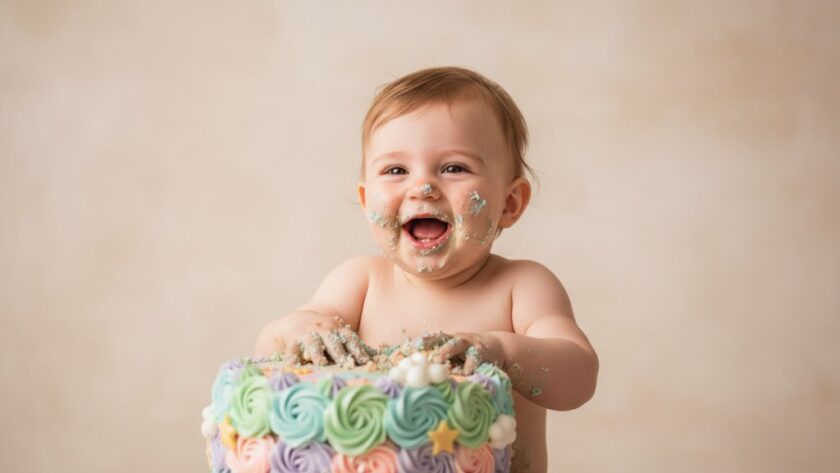 An epic moment captured in professional North Geelong cake smash photography for joyous first birthdays, featuring a baby enthusiastically smashing a cake, surrounded by soft pastel colours and dramatic, playful lighting in a bright studio setting.
