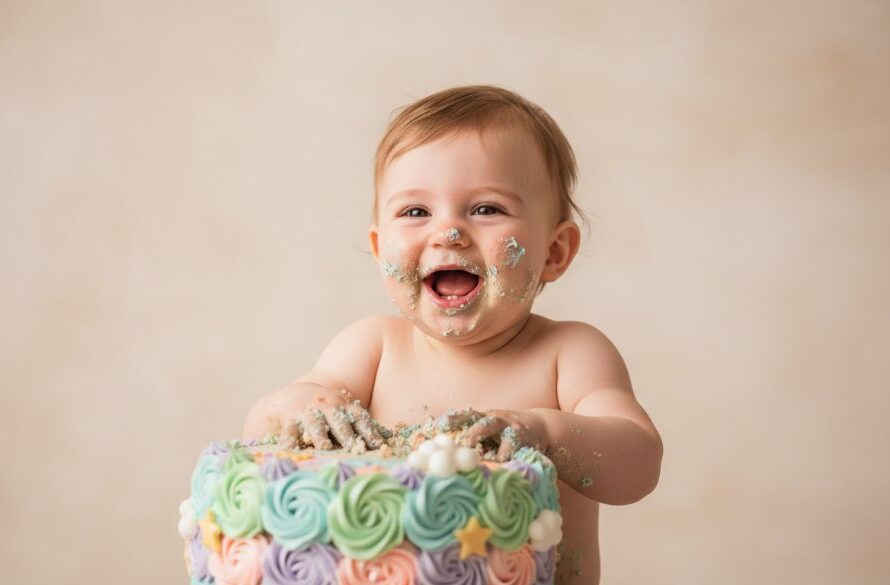 An epic moment captured in professional North Geelong cake smash photography for joyous first birthdays, featuring a baby enthusiastically smashing a cake, surrounded by soft pastel colours and dramatic, playful lighting in a bright studio setting.