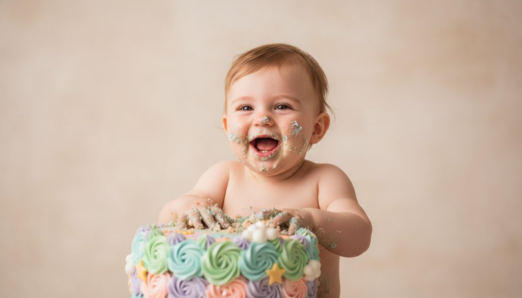 An epic moment captured in professional North Geelong cake smash photography for joyous first birthdays, featuring a baby enthusiastically smashing a cake, surrounded by soft pastel colours and dramatic, playful lighting in a bright studio setting.